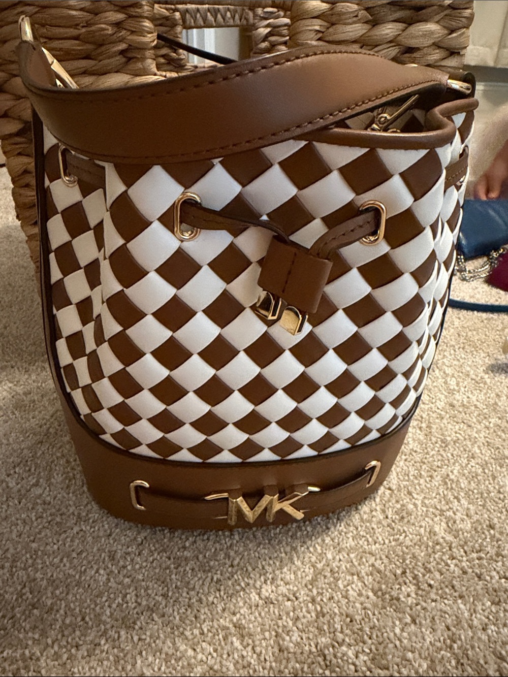 Michael Kors Brown & White Woven Drawstring Bucket Bag